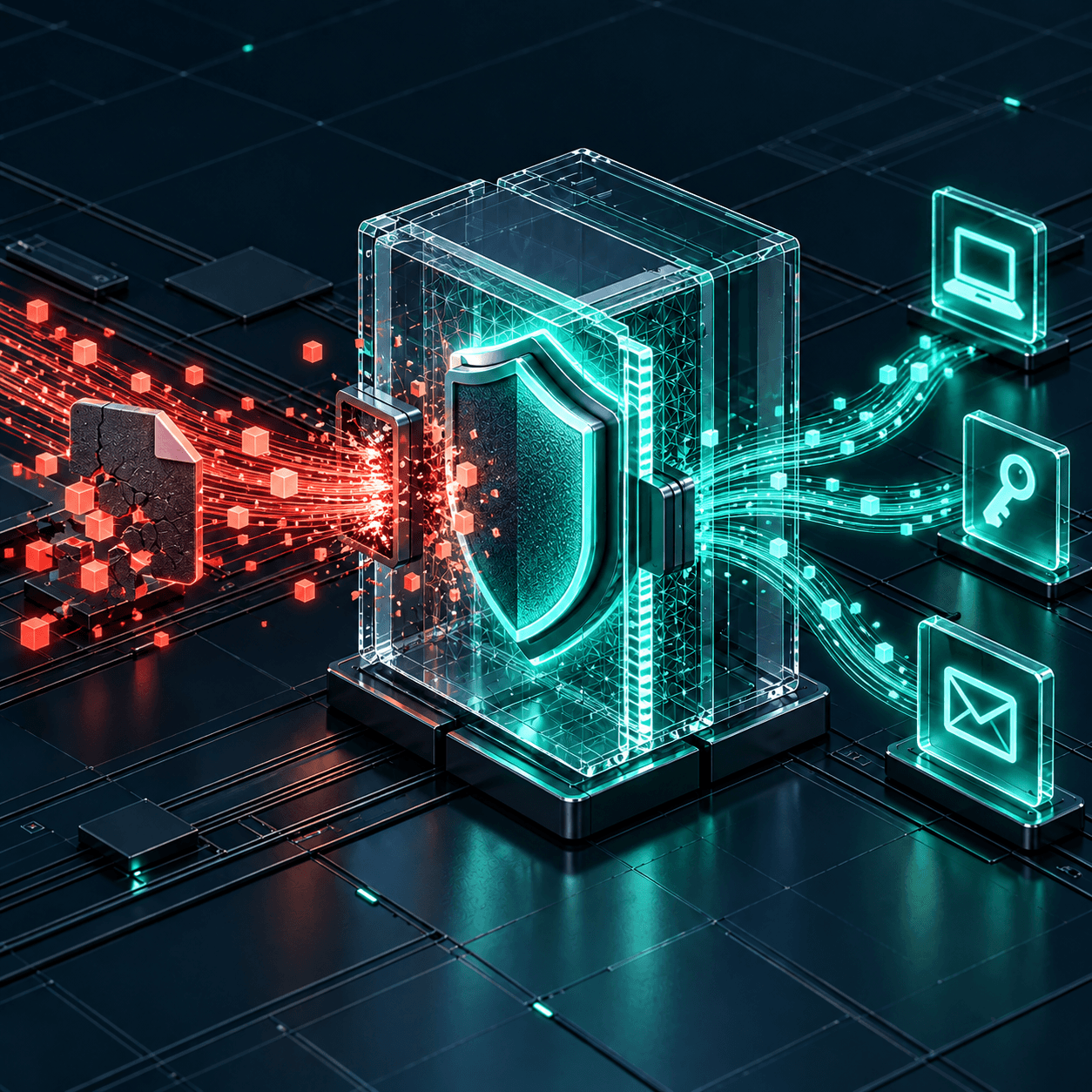 A teal security shield intercepts a corrupted file and protects device, key and message paths behind it.