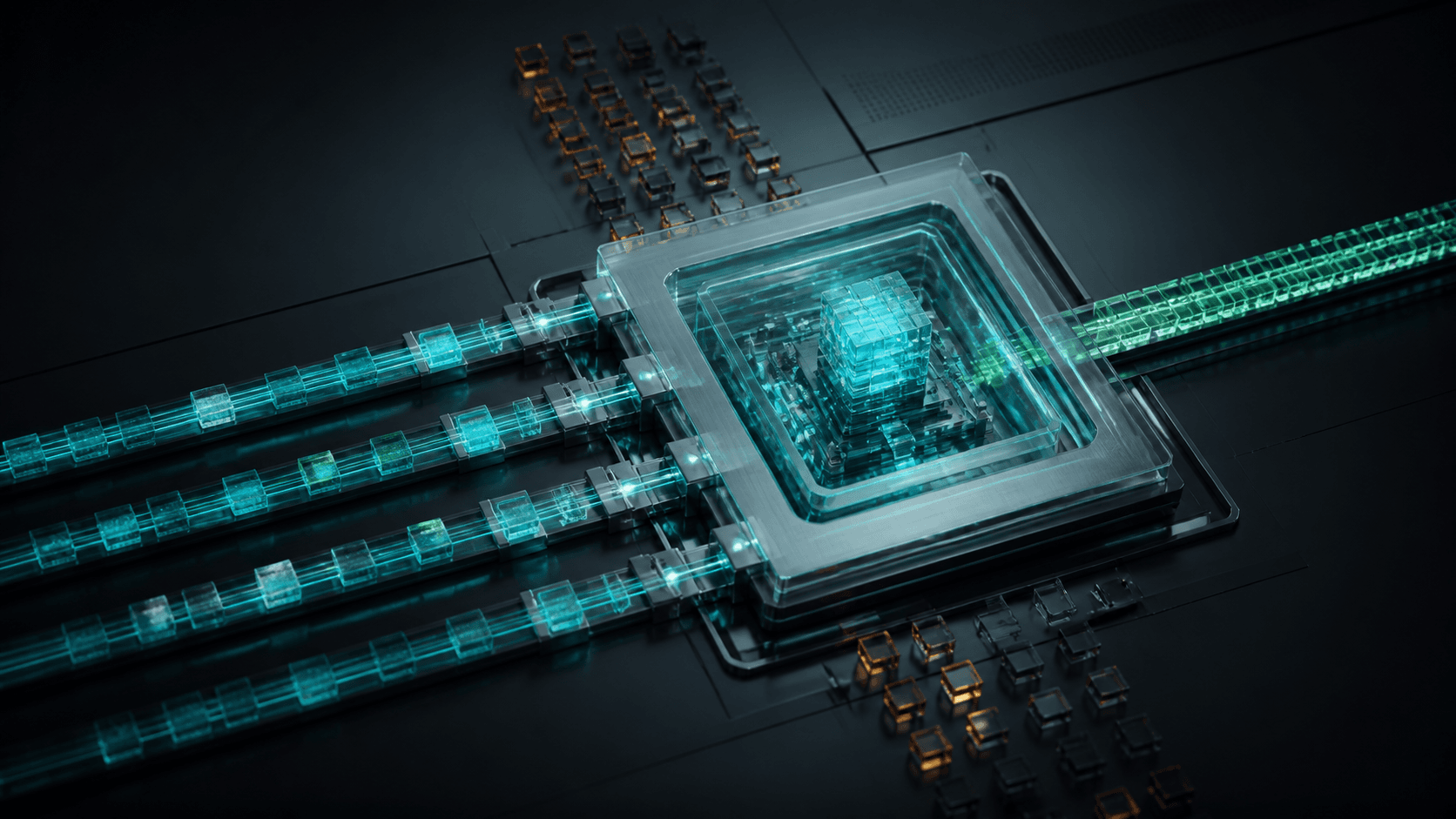Several intelligence streams entering a central validation core and emerging as a verified local ledger.