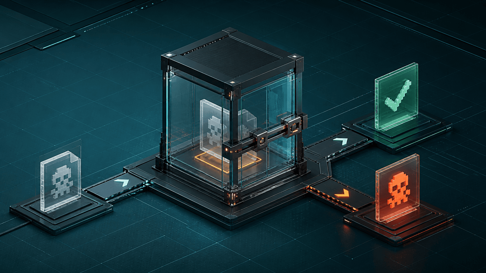 An unfamiliar file held in a transparent containment chamber before it can reach a safe or quarantined outcome.