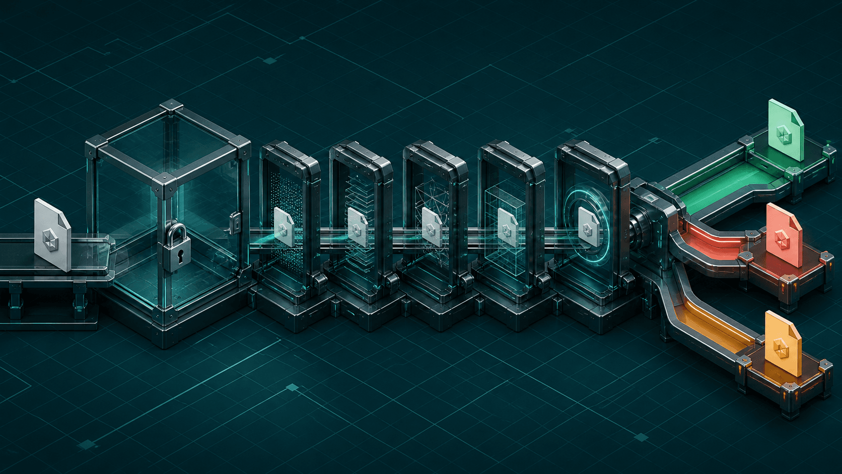 An unfamiliar file moving through containment and layered inspection into clean, quarantine, or review outcomes.